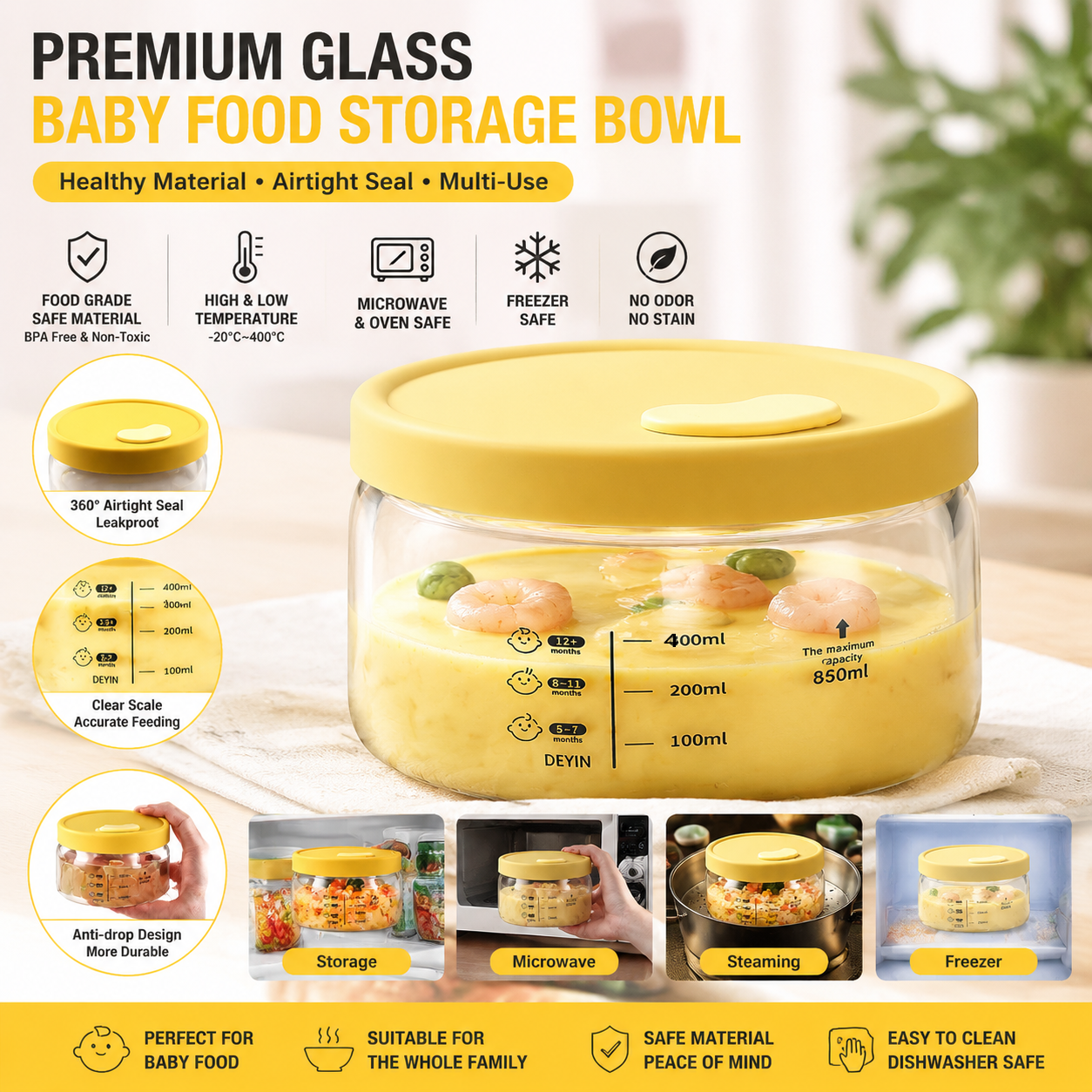 Baby Food Prep Containers - Borosilicate Glass Food Storage Container Airtight